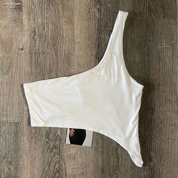 NWT Naked Wardrobe White Asymmetrical Crop Top - Size: Small - Picture 2 of 5